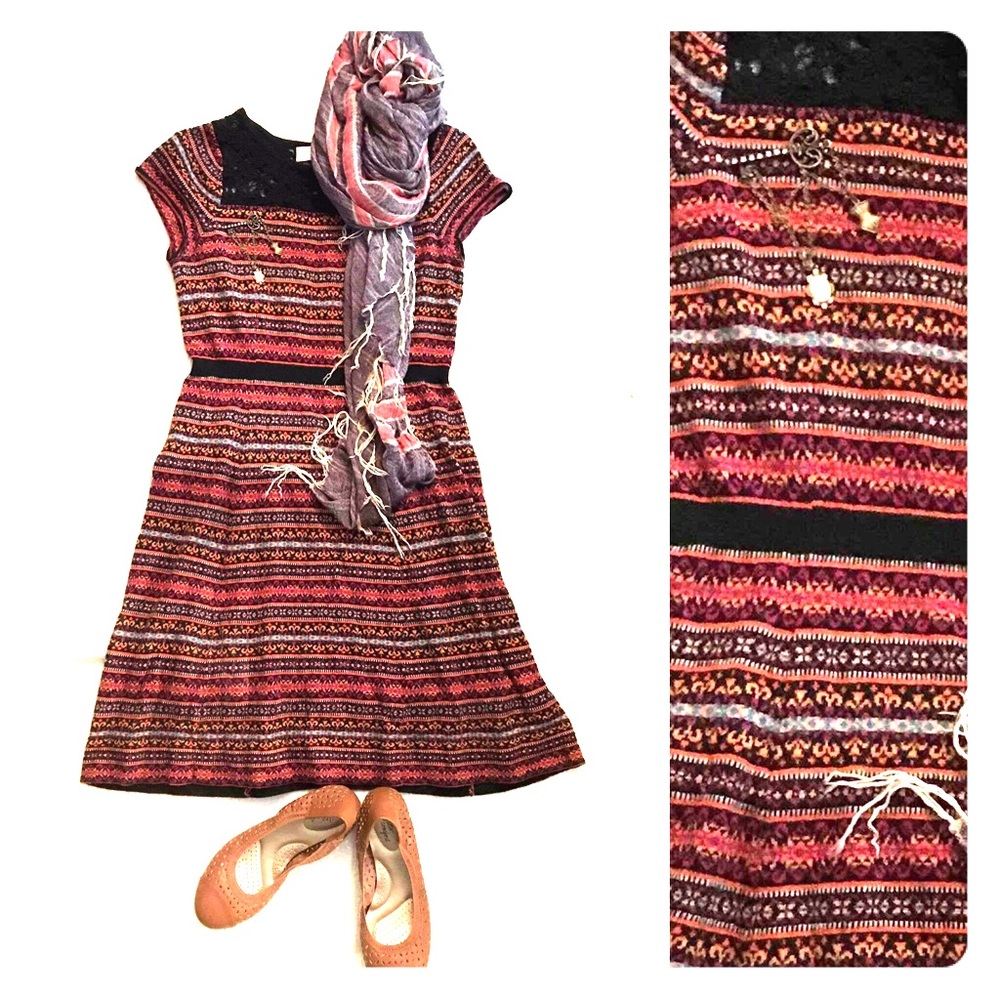 Knit Red Stripes with Black Lace Collar